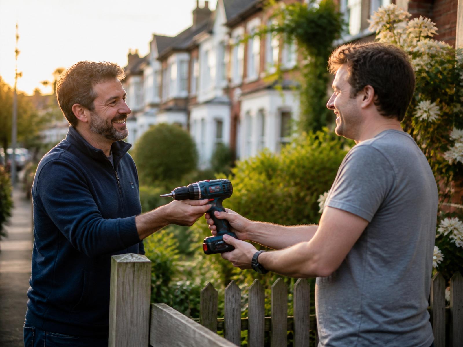 A neighbor handing a cordless drill over a garden fence to another neighbor at golden hour.